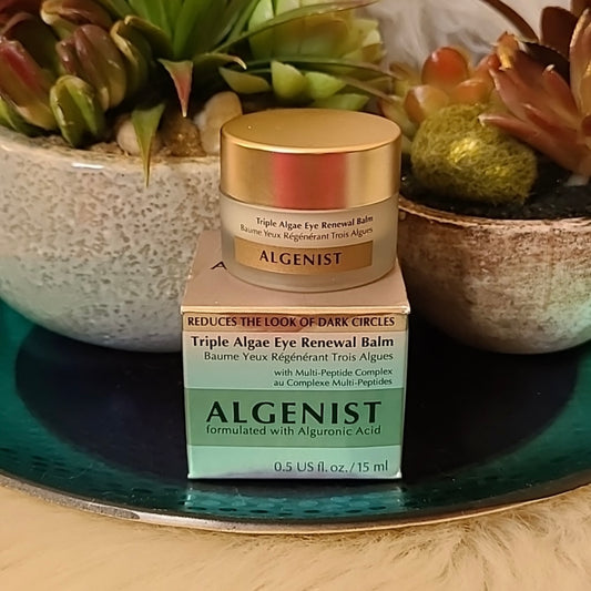 Algenist triple algae eye renewal balm with multi peptide complex and formulated with Alguronic acid in the full size 15ml size. currently sold at Facetreasures Boutique at Facetreasures.com All items ship out the same day you order with a free full size gift