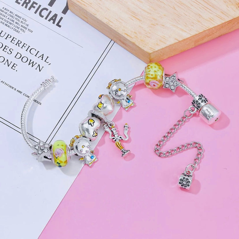 Very Rare Classic Silver Cubic Zirconia The Beauty & The Beast Charm Bracelet, Pandora Inspired Gifts For Her For Christmas Or Birthday