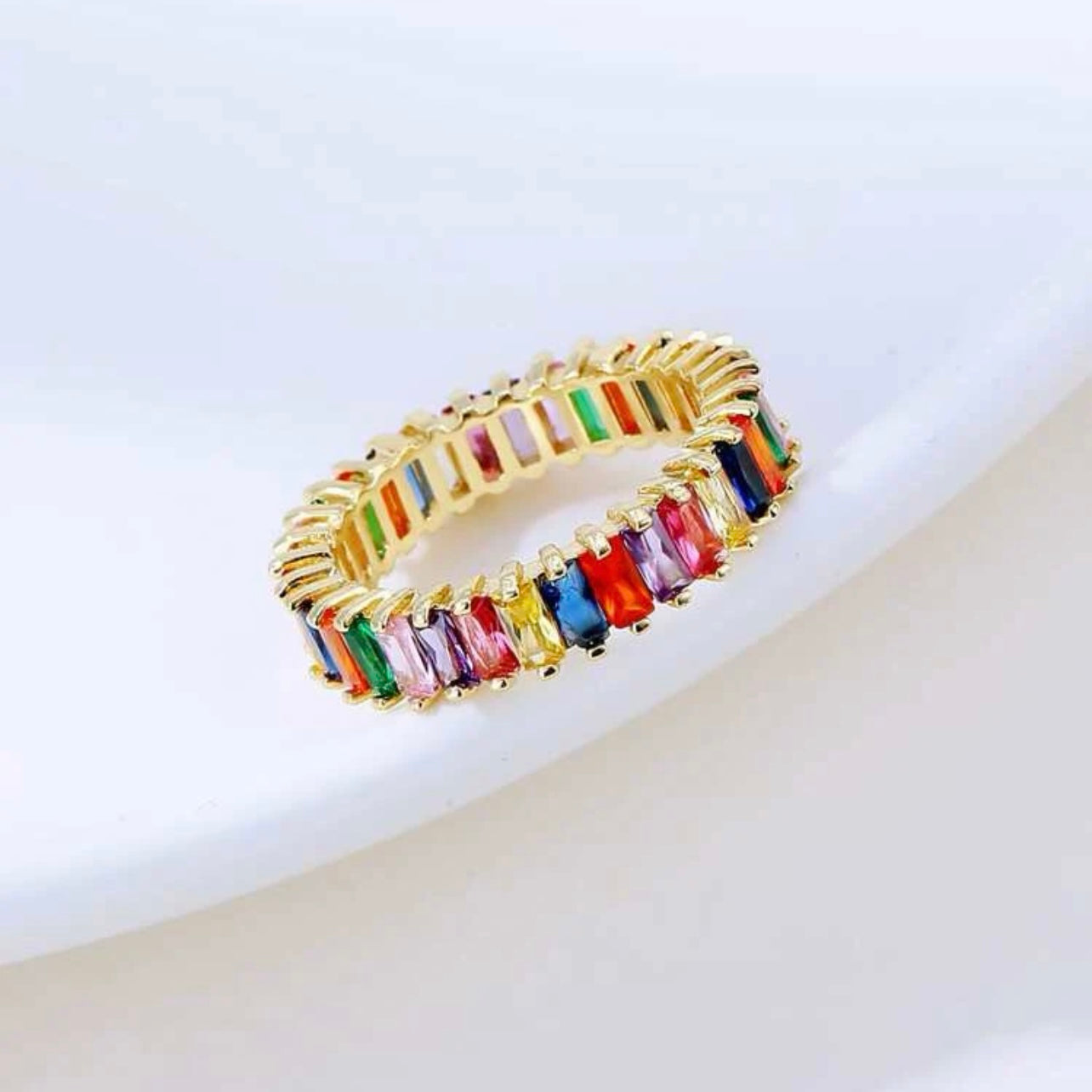 Exquisite Multi Color Flawless Cut Cubic Zirconia 14k Gold Silver Eternity Baguette Ring Size 7