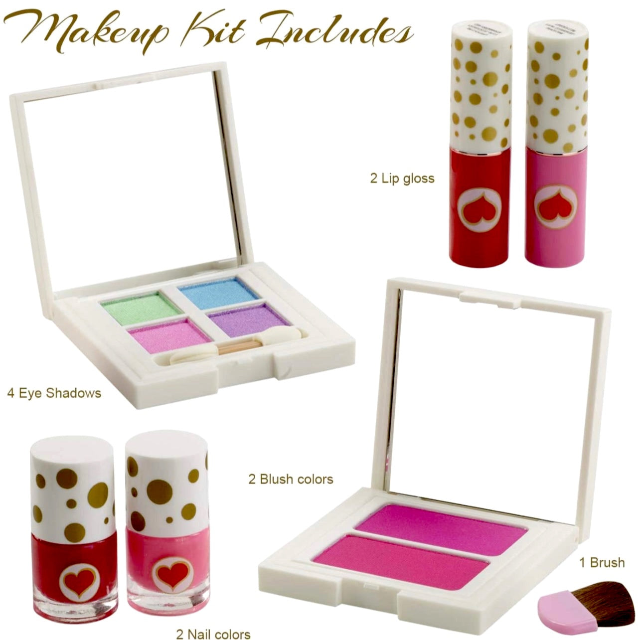 6 beauty items as followed in this luxury makeup gift set, you can expect 4 color eyeshadow palette 2 nail colors 2 lip colors and 2 blush colors all wrapped into one matching gift box with handle