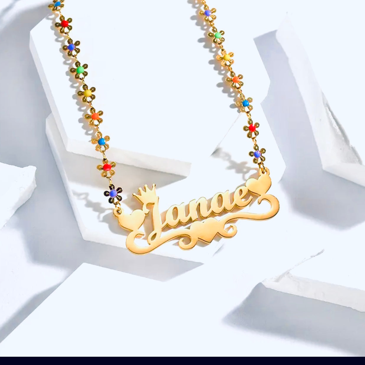 14k Gold Stainless Steel Multi Color Multi Dementional Flower Necklace w/ Custom Butterfly Wing Name Plate Pendant