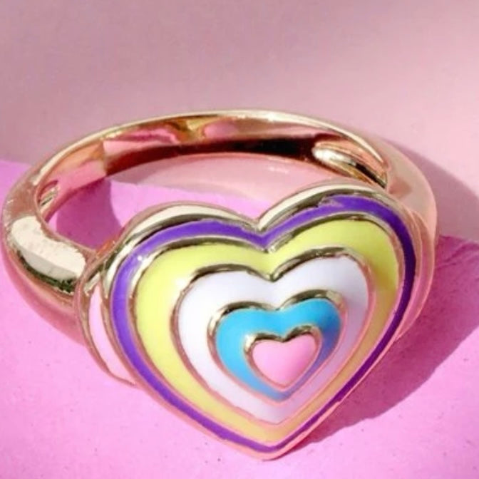 Ladies 14k Gold Silver Multi-Pastel Colored Heart Shaped Sweetheart Ring Size 7