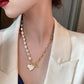 New Rare Unique Hearts Of Hearts Lopsided 14k Gold Pearl Heart Shaped Pendant Necklace With Sapphire Chrystal Encrusted Toggle Clasp For Elegant Classy Bridal Events, Gift