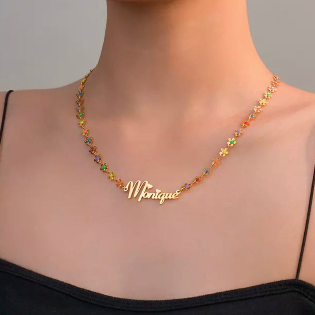 14k Gold Stainless Steel Multi Color Multi Dementional Flower Necklace w/ Custom Butterfly Wing Name Plate Pendant