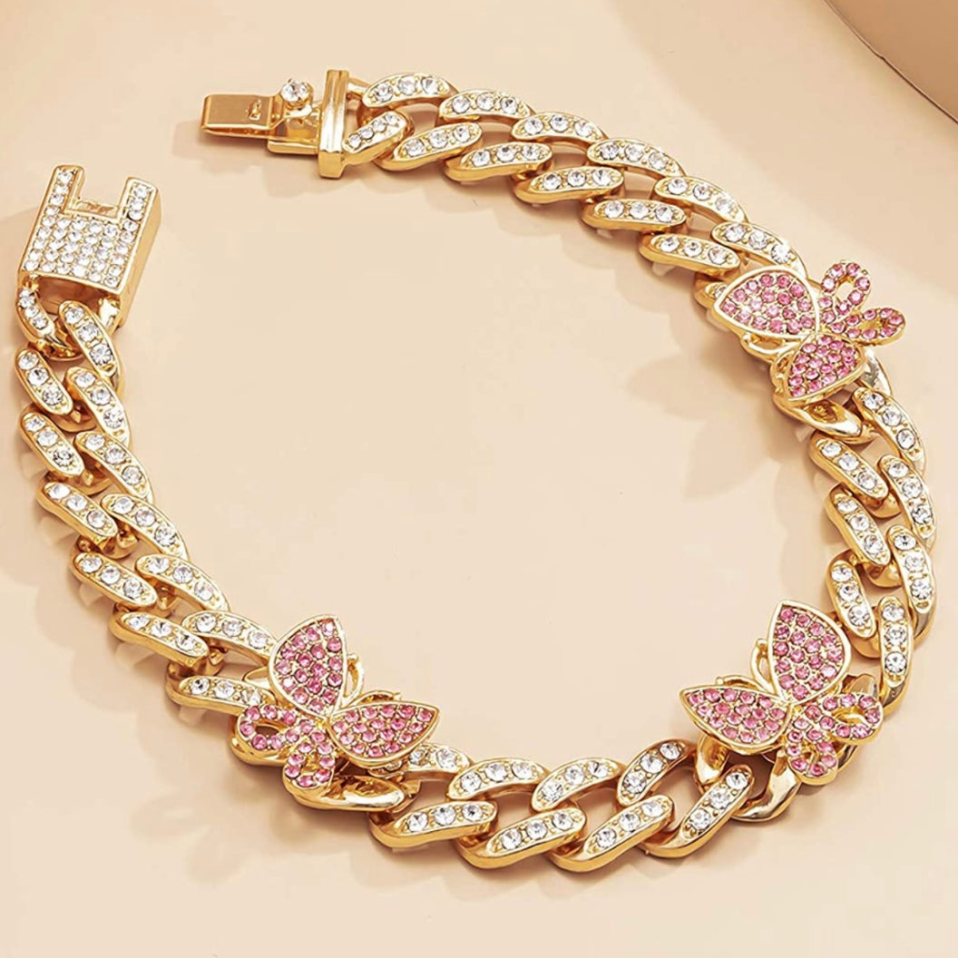 Stunning Rhinestone Butterfly Cuban Link Ankle Bracelet for Women
