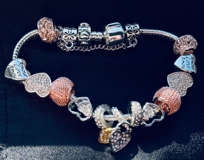 Beautiful Silver & Rose Gold “With Love” Charm Bracelet, Adjustable