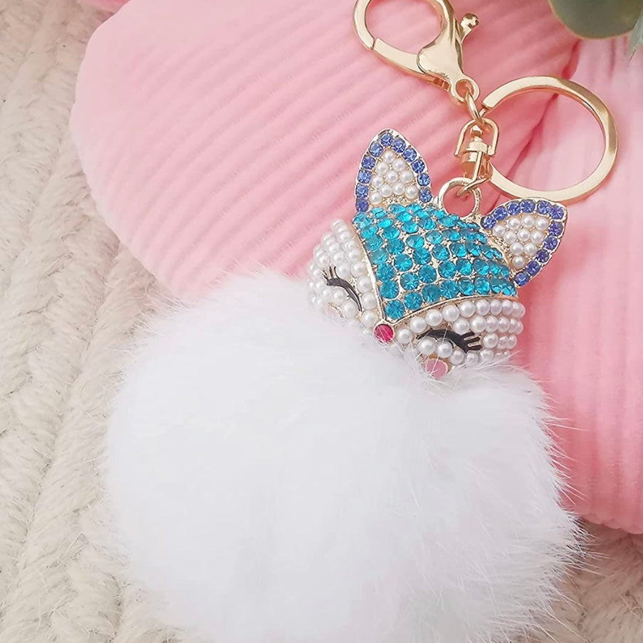 Multi-Colored Sapphire, Cubic Zirconia And Pearl Super Cute Fox Head Faux Fur Puffy Pom Pom Keychain