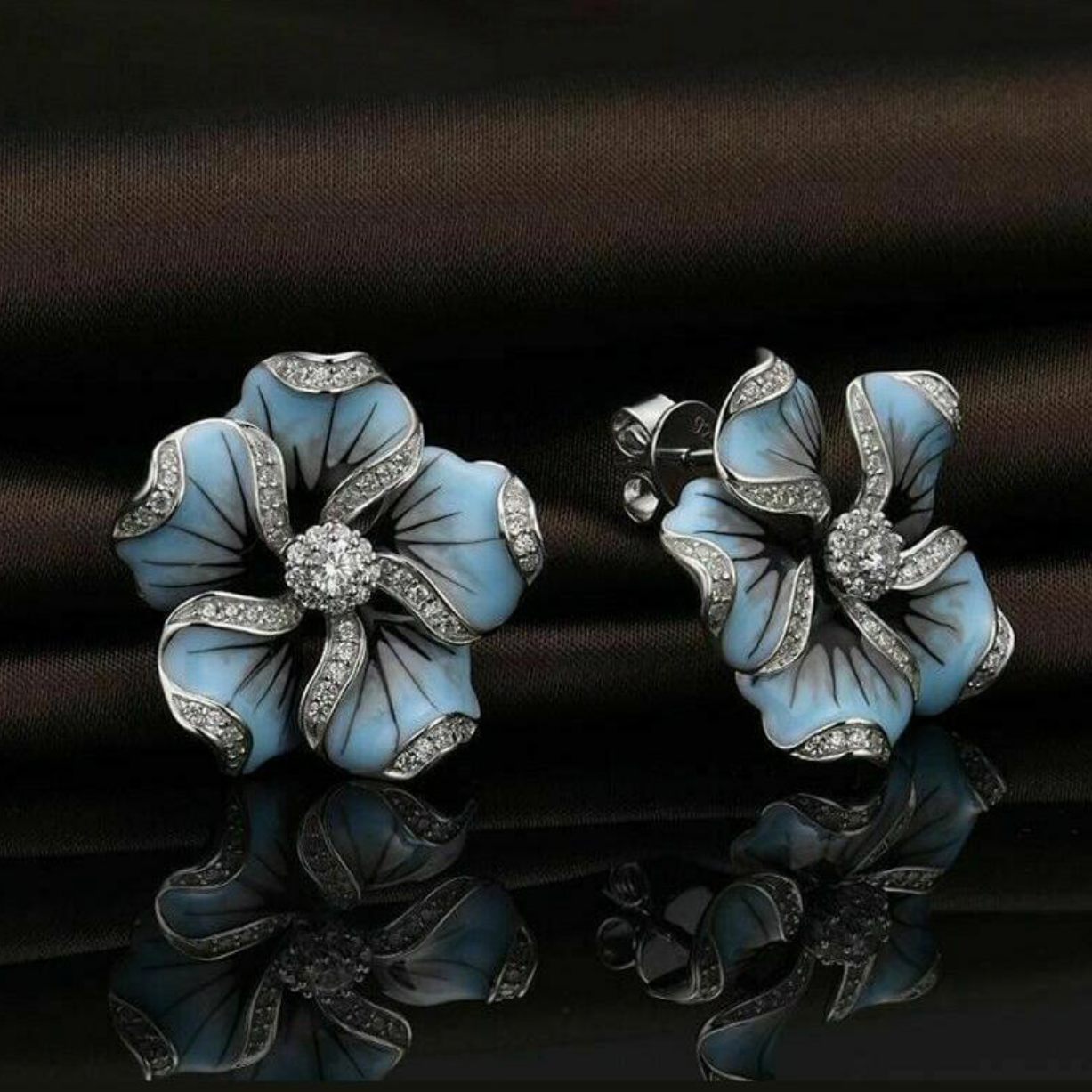 Gorgeous 925 Silver Pastel Blue Sapphire Encrusted Flower Earrings