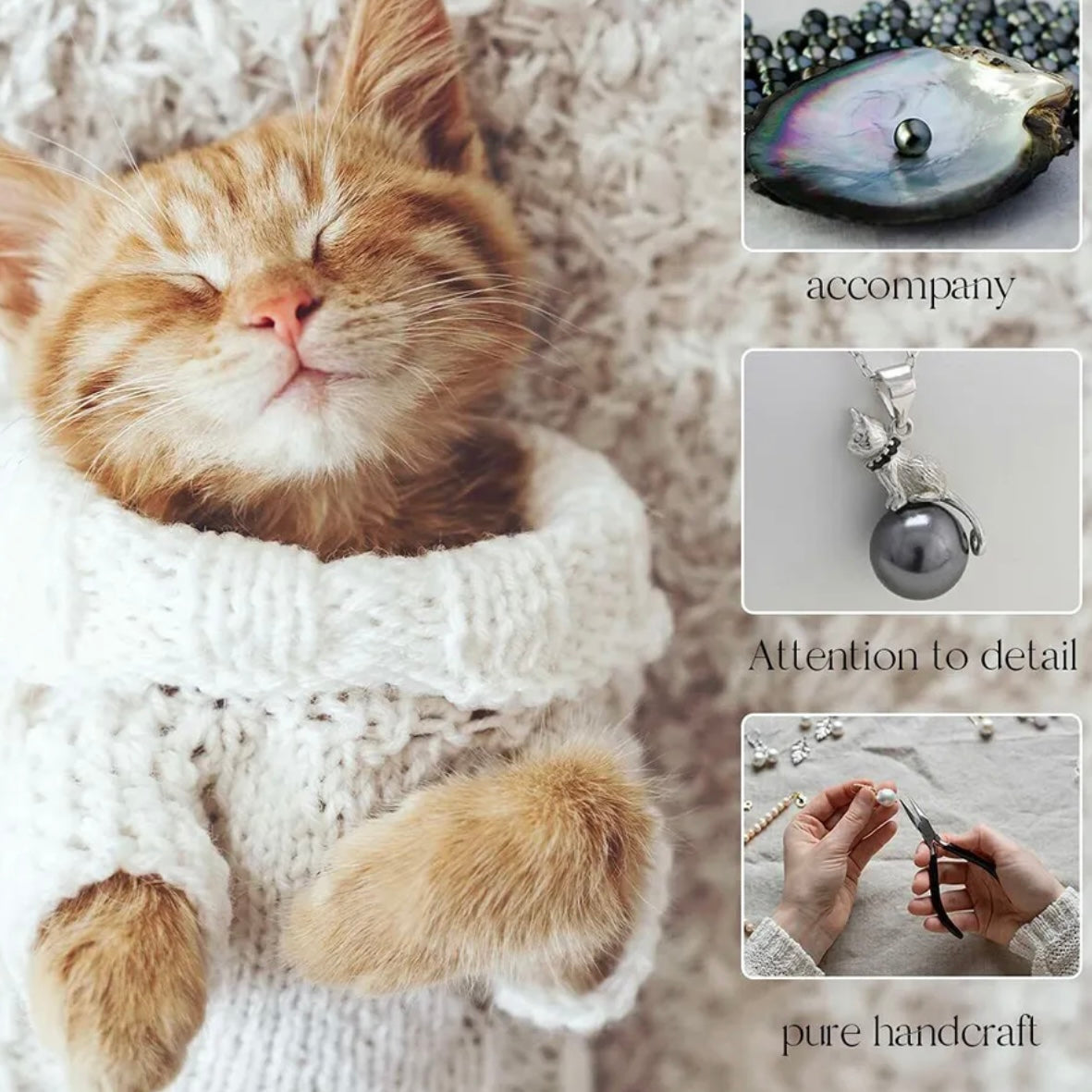 Elegant Rare 925 Diamond Cut Cubic Zirconia Fresh Water Pearl Unique Cat Pendant And 18” Silver WaterWave Chain Set