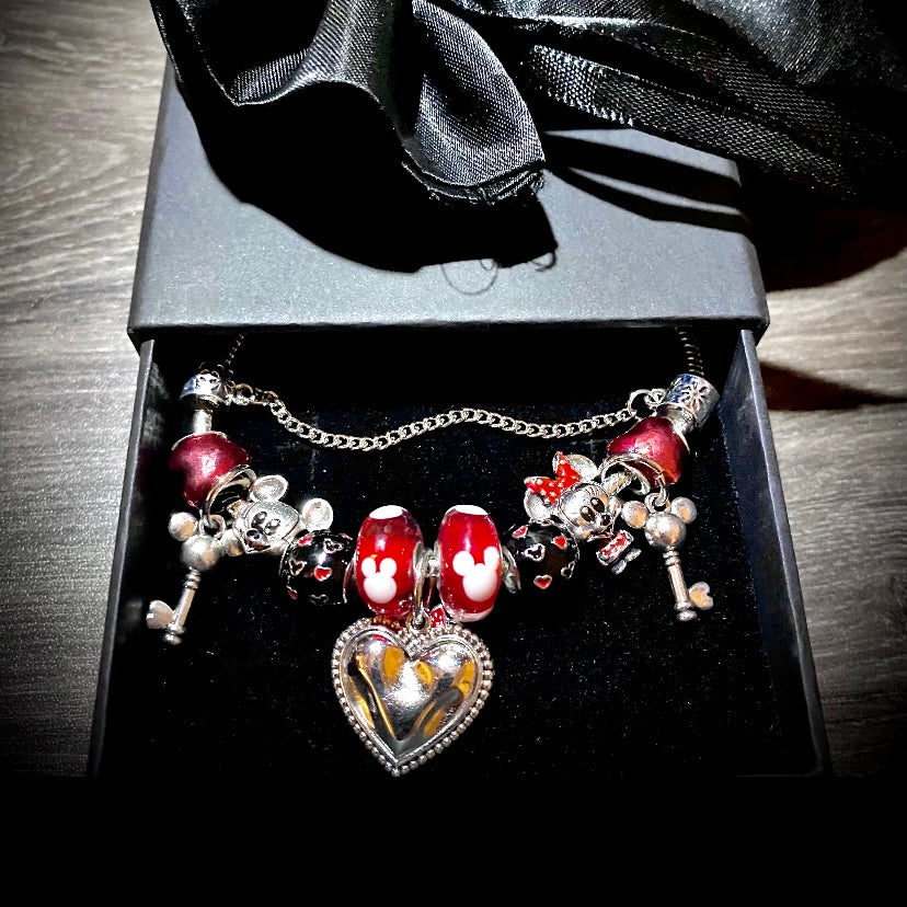 Limited Edition Disney Minnie Mickey Mouse Lock Heart And Key Silver Charm Bracelet, Adults, Kids & Custom Sizes Avail.