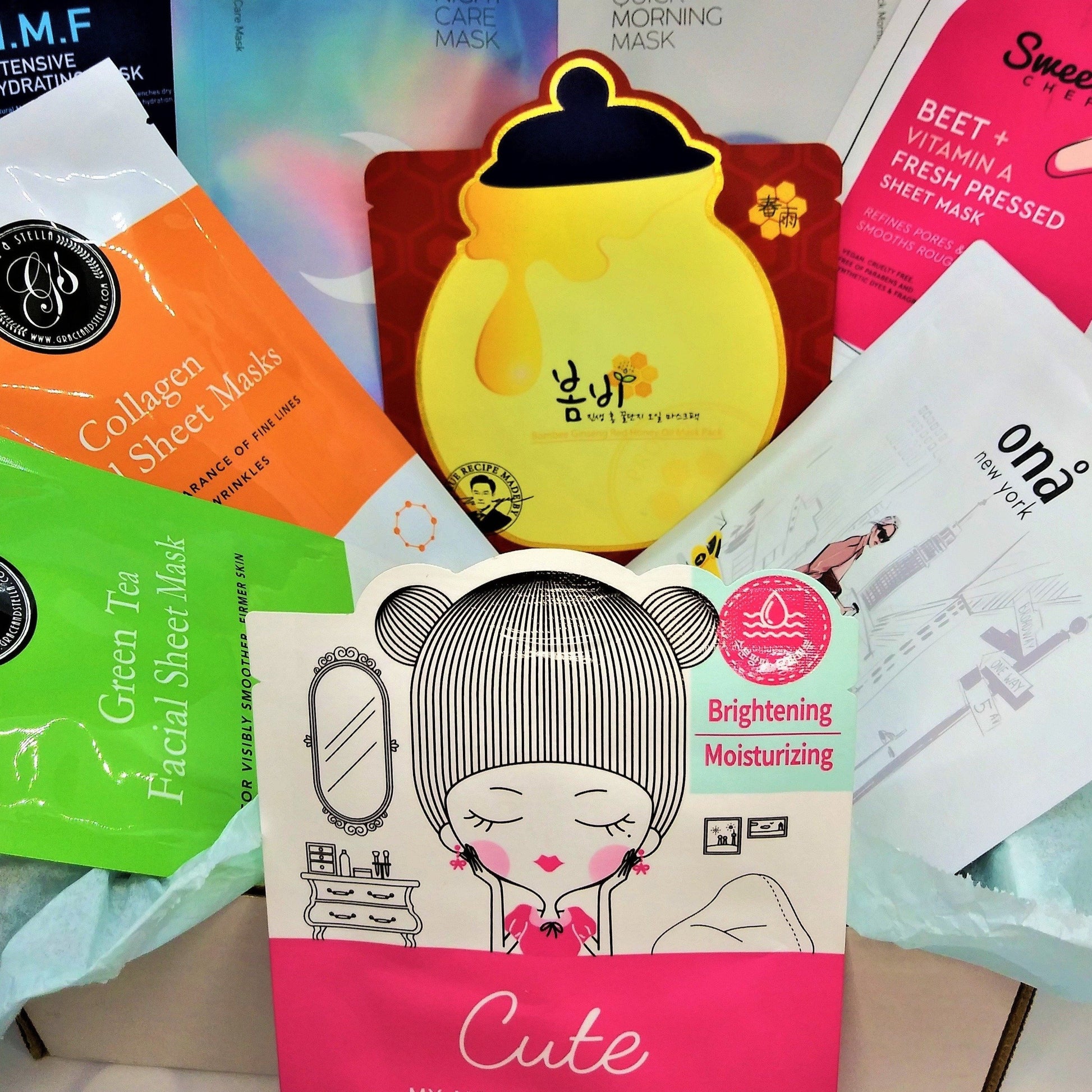 Sheet Mask Box containing 10 full size premium korean sheet masks focusing on every major skin care issue. excellent for all skin types including sensitive