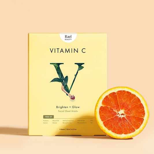 Vitamin C facial sheet masks visibly transform your complexion by clarifying uneven skin tone and brightening discoloration. The glow up is Rael.   You will receive 5 K-beauty Sheet Masks  Made With:  Brightening Pomegranate Fruit Extract, exfoliating Fig Fruit Extract, and age-defying Citrus Fruit Extract.