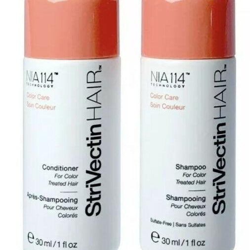 Color Care Shampoo 1 oz. & Conditioner 1 oz. (2 piece set)- Strivectin Hair Color Care Shampoo & Conditioner is patented with NIA-114 + CHROMALAST PROTEIN COMPLEX.  Keep color vibrant. Protective shampoo gently cleanses while forming a shield around the hair cuticle to defend against color fade. Removes dulling buildup to reveal shine and softness.