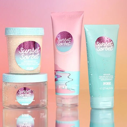 Victoria Secret Sunset Sorbet Spa Set which includes One 10oz Body Scrub infused with milk & One Sunset Sorbet 6oz Lotion infused with Aloe that gives 24 hour moisture