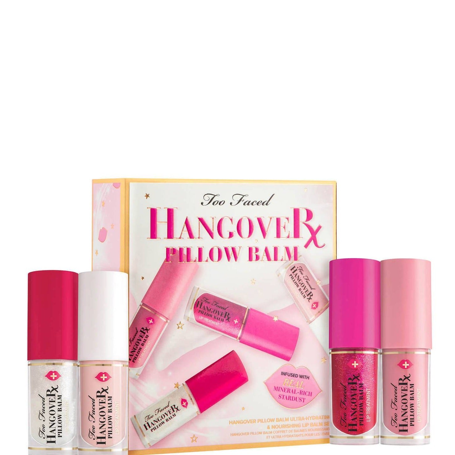 The Too Faced Hangover RX Pillow Balm Ultra-Hydrating and Nourishing Lip Treatment Set hydrates and replenishes your pout with 4 Super size deluxe size exclusive shades and scents that will take you into the holidays and beyond year around.  