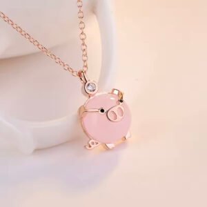 Rose Gold Piglet Pendant With Rose Quartz And Australian Crystal On 14k Vermeil Gold Or Silver Chain