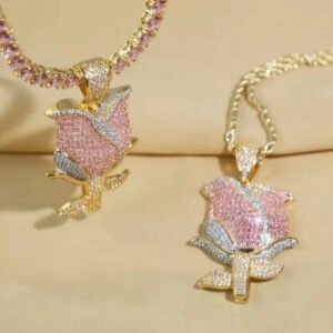 Beautiful Blinged Out Rose Gold, Tri-Color Silver Cubic Zirconia & Sapphire Rose Pendant w/ Free Chain, Hiphop Jewelry